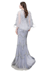 Gorgeous Silver Feather Cape Mermaid Sparkle Prom Party Gowns-Ballbella