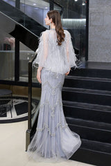 Gorgeous Silver Feather Cape Mermaid Sparkle Prom Party Gowns-Ballbella
