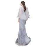 Gorgeous Silver Feather Cape Mermaid Sparkle Prom Party Gowns-Ballbella