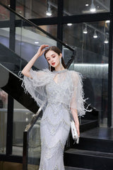 Gorgeous Silver Feather Cape Mermaid Sparkle Prom Party Gowns-Ballbella