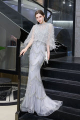 Gorgeous Silver Feather Cape Mermaid Sparkle Prom Party Gowns-Ballbella