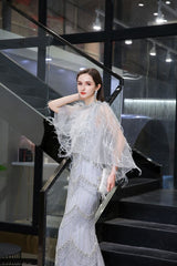 Gorgeous Silver Feather Cape Mermaid Sparkle Prom Party Gowns-Ballbella