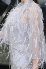 Gorgeous Silver Feather Cape Mermaid Sparkle Prom Party Gowns-Ballbella