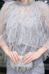Gorgeous Silver Feather Cape Mermaid Sparkle Prom Party Gowns-Ballbella