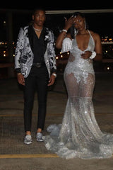 Gorgeous Silver Sequins See Through Halter Mermaid Court Train Prom Dresses-Ballbella