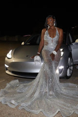 Gorgeous Silver Sequins See Through Halter Mermaid Court Train Prom Dresses-Ballbella