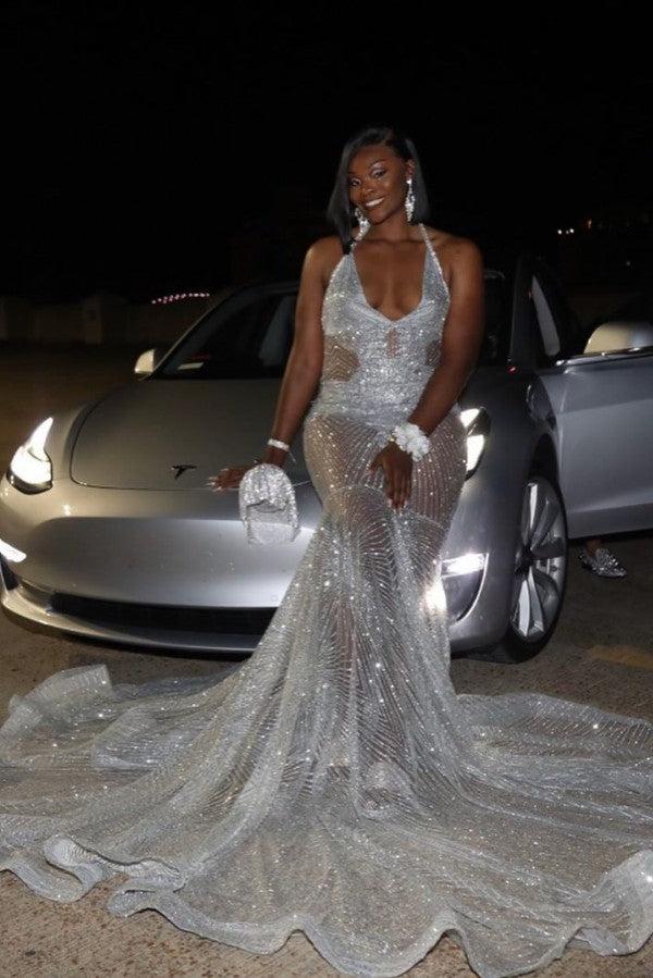 Gorgeous Silver Sequins See Through Halter Mermaid Court Train Prom Dresses Gorgeous Silver Sequins See Through Halter Mermaid Court Train Prom Dresses