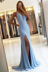 Gorgeous Spaghetti-Strap Sleeveless Mermaid Slit Long Evening Dress-Ballbella