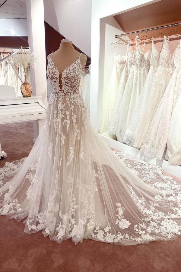 Gorgeous Spaghetti-Straps Lace Wedding Dress Tulle Sleeveless Bridal Gowns-Ballbella