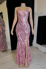 Gorgeous Spaghetti-Straps Mermaid Prom Dresses Sequins Sleeveless With Slit-Ballbella