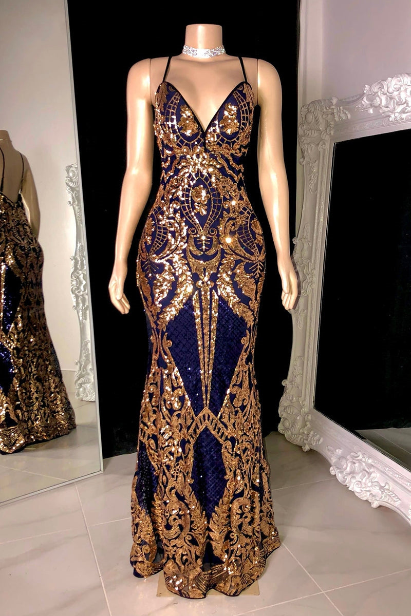 Gorgeous Spaghetti-Straps Sequins Mermaid Prom Dress Long V-Neck Gorgeous Spaghetti-Straps Sequins Mermaid Prom Dress Long V-Neck