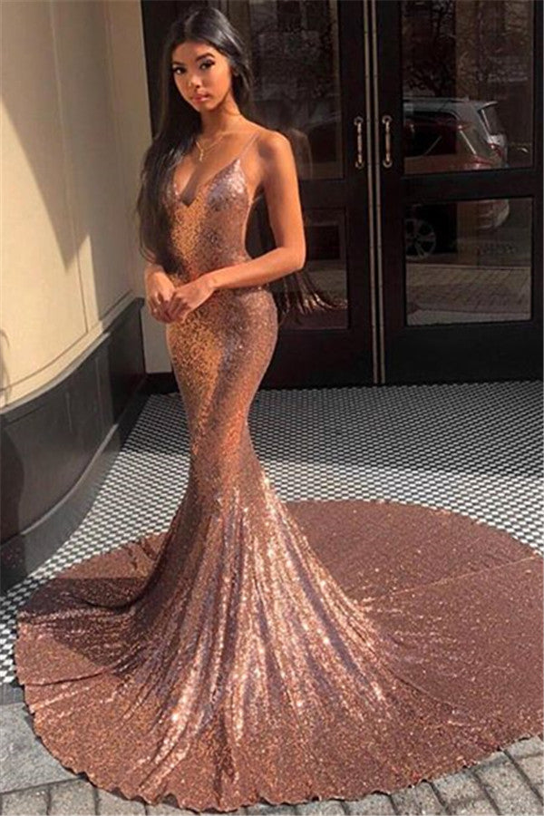 Gorgeous Spaghetti-Straps Sequins Mermaid Prom Party Gowns – Ballbella