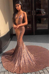 Gorgeous Spaghetti-Straps Sequins Mermaid Prom Party Gowns-Ballbella