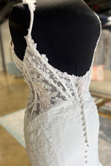 Gorgeous Spaghetti-Straps Sleeveless Mermaid Wedding Dress Appliques Lace Open Back With Buttons-Ballbella