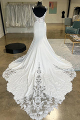 Gorgeous Spaghetti-Straps Sleeveless Mermaid Wedding Dress Appliques Lace Open Back With Buttons-Ballbella