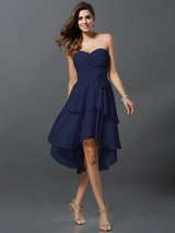 Gorgeous Sweetheart Hand-Made Flower Sleeveless High Low Chiffon Bridesmaid Dresses-Ballbella