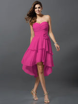 Gorgeous Sweetheart Hand-Made Flower Sleeveless High Low Chiffon Bridesmaid Dresses-Ballbella
