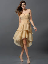 Gorgeous Sweetheart Hand-Made Flower Sleeveless High Low Chiffon Bridesmaid Dresses-Ballbella