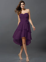 Gorgeous Sweetheart Hand-Made Flower Sleeveless High Low Chiffon Bridesmaid Dresses-Ballbella