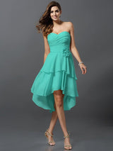 Gorgeous Sweetheart Hand-Made Flower Sleeveless High Low Chiffon Bridesmaid Dresses-Ballbella