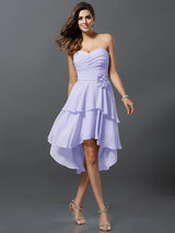 Gorgeous Sweetheart Hand-Made Flower Sleeveless High Low Chiffon Bridesmaid Dresses-Ballbella