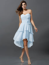 Gorgeous Sweetheart Hand-Made Flower Sleeveless High Low Chiffon Bridesmaid Dresses-Ballbella