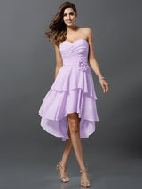 Gorgeous Sweetheart Hand-Made Flower Sleeveless High Low Chiffon Bridesmaid Dresses-Ballbella