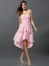 Gorgeous Sweetheart Hand-Made Flower Sleeveless High Low Chiffon Bridesmaid Dresses-Ballbella