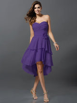 Gorgeous Sweetheart Hand-Made Flower Sleeveless High Low Chiffon Bridesmaid Dresses-Ballbella