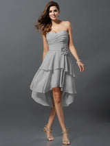 Gorgeous Sweetheart Hand-Made Flower Sleeveless High Low Chiffon Bridesmaid Dresses-Ballbella