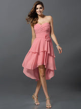 Gorgeous Sweetheart Hand-Made Flower Sleeveless High Low Chiffon Bridesmaid Dresses-Ballbella