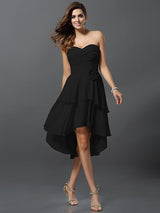 Gorgeous Sweetheart Hand-Made Flower Sleeveless High Low Chiffon Bridesmaid Dresses-Ballbella