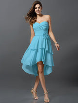 Gorgeous Sweetheart Hand-Made Flower Sleeveless High Low Chiffon Bridesmaid Dresses-Ballbella