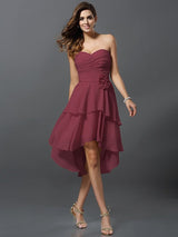 Gorgeous Sweetheart Hand-Made Flower Sleeveless High Low Chiffon Bridesmaid Dresses-Ballbella