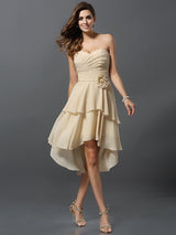 Gorgeous Sweetheart Hand-Made Flower Sleeveless High Low Chiffon Bridesmaid Dresses-Ballbella