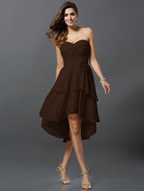 Gorgeous Sweetheart Hand-Made Flower Sleeveless High Low Chiffon Bridesmaid Dresses-Ballbella