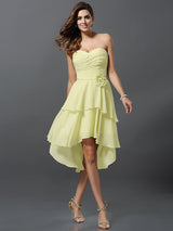 Gorgeous Sweetheart Hand-Made Flower Sleeveless High Low Chiffon Bridesmaid Dresses-Ballbella