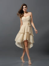 Gorgeous Sweetheart Hand-Made Flower Sleeveless High Low Chiffon Bridesmaid Dresses-Ballbella