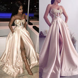 Gorgeous Sweetheart Long Prom Dress Slit Evening Gowns Appliques-Ballbella
