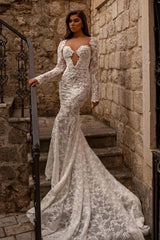 Gorgeous sweetheart longsleeves mermaid lace Wedding Dresses-Ballbella