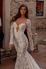 Gorgeous sweetheart longsleeves mermaid lace Wedding Dresses-Ballbella