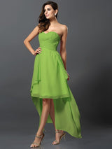 Gorgeous Sweetheart Pleats Sleeveless High Low Chiffon Bridesmaid Dresses-Ballbella