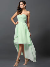 Gorgeous Sweetheart Pleats Sleeveless High Low Chiffon Bridesmaid Dresses-Ballbella