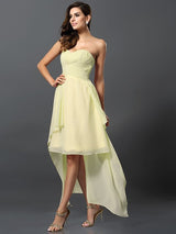 Gorgeous Sweetheart Pleats Sleeveless High Low Chiffon Bridesmaid Dresses-Ballbella