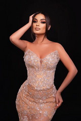 Gorgeous Sweetheart Sparkle Silver Appliques Mermaid Champange Prom Dresses-Ballbella