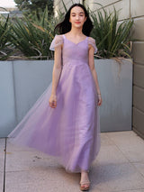 Gorgeous Tulle Ruched V-neck Short Sleeves Junior/Girls Bridesmaid Dresses-Ballbella