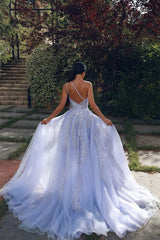 Gorgeous Tulle Sleeveless Appliques Prom Dresses Lilac Evening Gowns-Ballbella