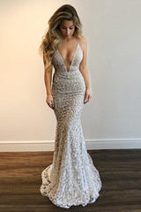 Gorgeous V-Neck Prom Party Gowns| Lace Mermaid Evening Gowns-Ballbella