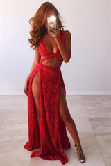 Gorgeous V-Neck Sleeveless Straps Front Split Floor-Length A-Line Prom Dresses-Ballbella