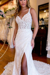 Gorgeous V-Neck Sleeveless Straps Mermaid Wedding Dresses High Slit With Appliques Lace-Ballbella